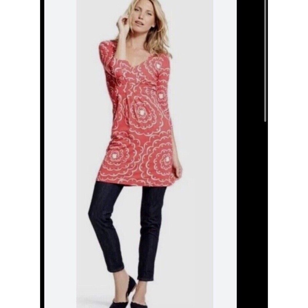 Boden Pretty Gathered Tunic 3/4 Sleeve Printed Dress Coral Size 14​